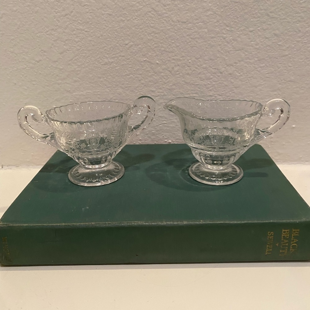Gorgeous Vintage Cambridge Rose Etched Glass Open Creamer and Sugar Set